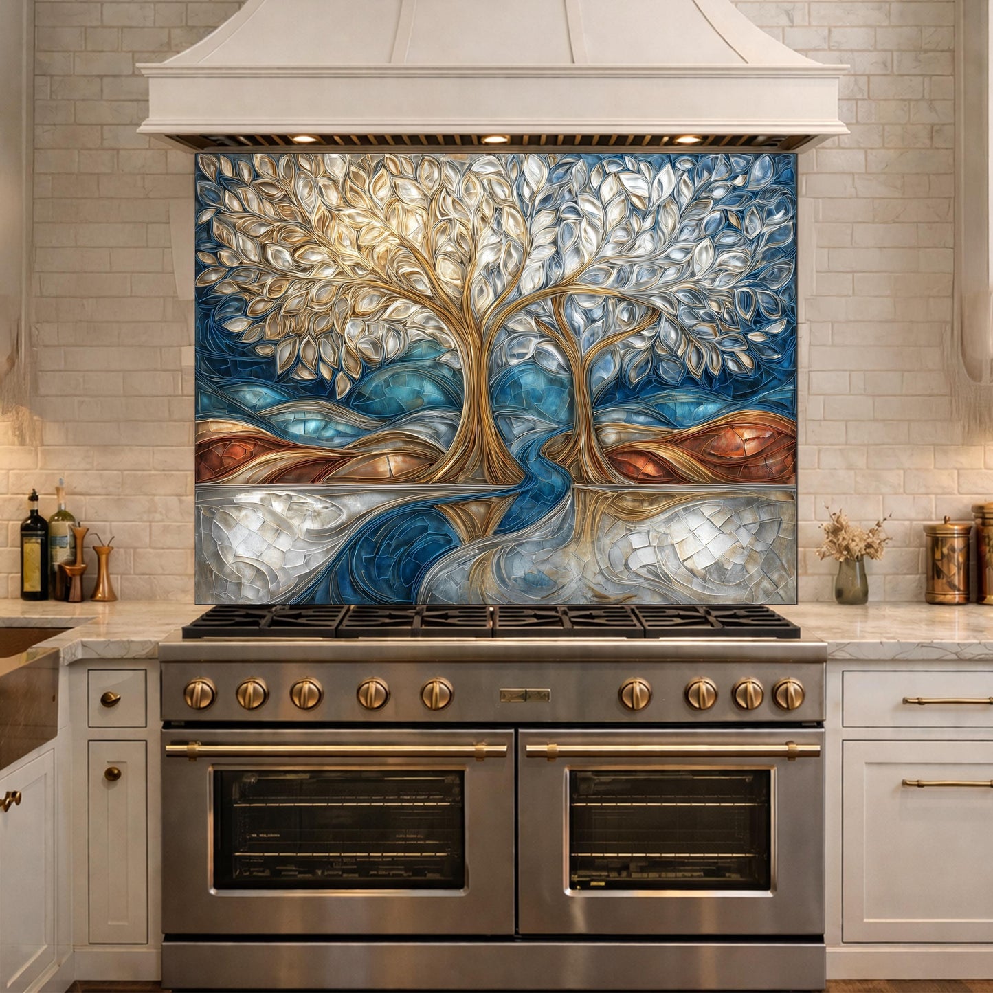 Tree of Life Kitchen Backsplash, Glass Panel Behind Stove, Blue Gold Abstract Wall Decor