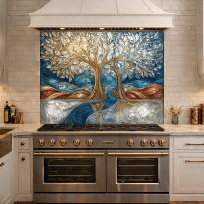 Tree of Life Kitchen Backsplash, Glass Panel Behind Stove, Blue Gold Abstract Wall Decor