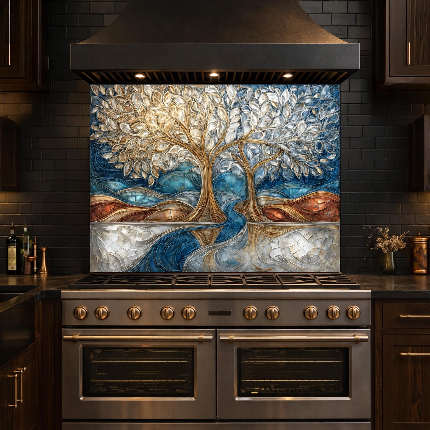 Tree of Life Kitchen Backsplash, Glass Panel Behind Stove, Blue Gold Abstract Wall Decor