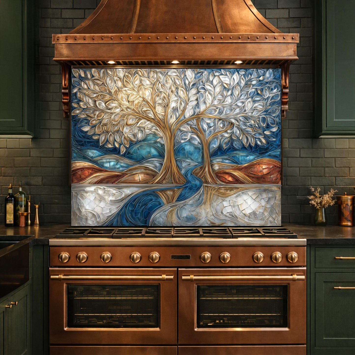Tree of Life Kitchen Backsplash, Glass Panel Behind Stove, Blue Gold Abstract Wall Decor