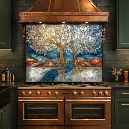 Tree of Life Kitchen Backsplash, Glass Panel Behind Stove, Blue Gold Abstract Wall Decor