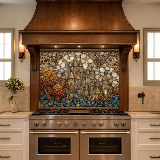 Castle Kitchen Backsplash, Glass Panel Behind Stove, Fantasy Stained Glass Wall Decor