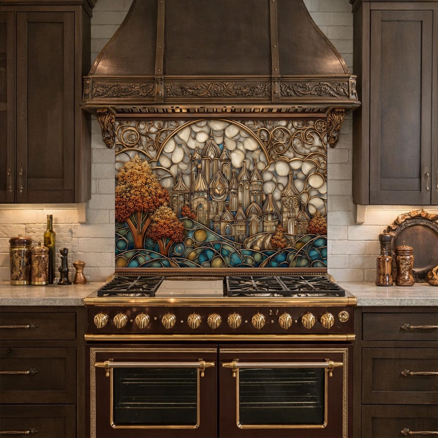 Castle Kitchen Backsplash, Glass Panel Behind Stove, Fantasy Stained Glass Wall Decor