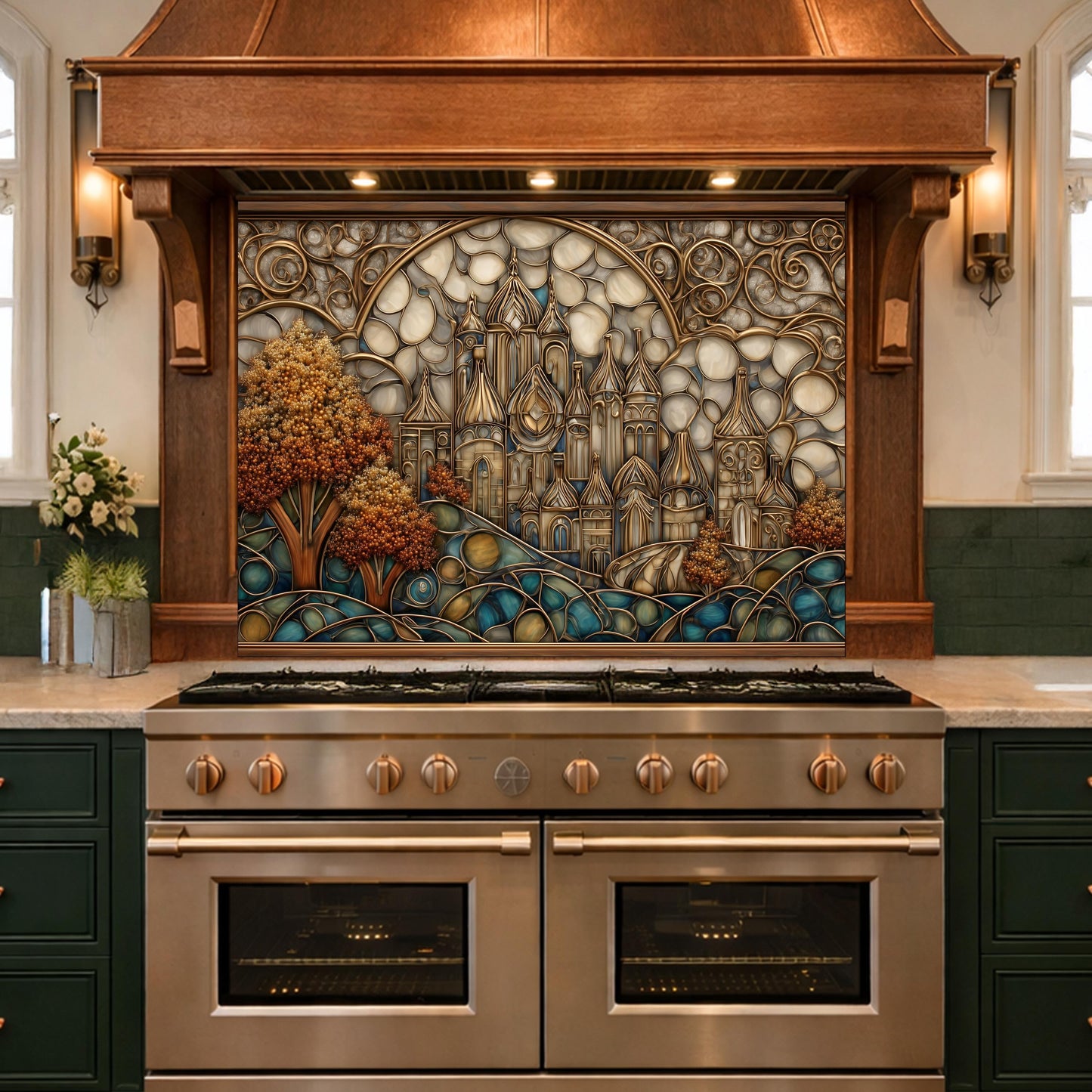 Castle Kitchen Backsplash, Glass Panel Behind Stove, Fantasy Stained Glass Wall Decor