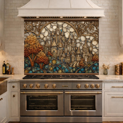 Castle Kitchen Backsplash, Glass Panel Behind Stove, Fantasy Stained Glass Wall Decor
