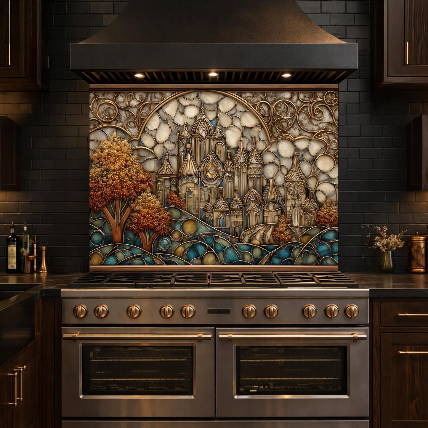 Castle Kitchen Backsplash, Glass Panel Behind Stove, Fantasy Stained Glass Wall Decor