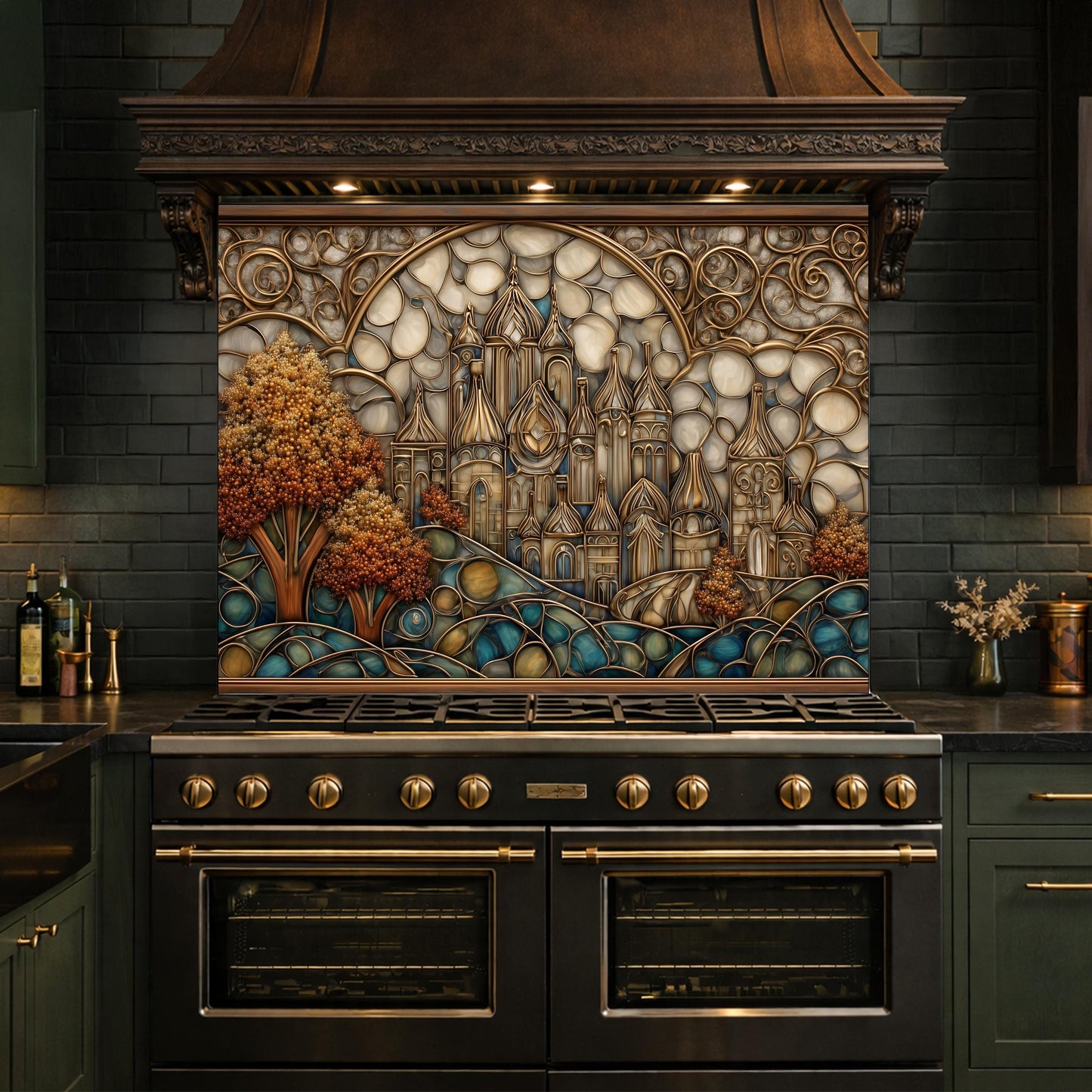Castle Kitchen Backsplash, Glass Panel Behind Stove, Fantasy Stained Glass Wall Decor