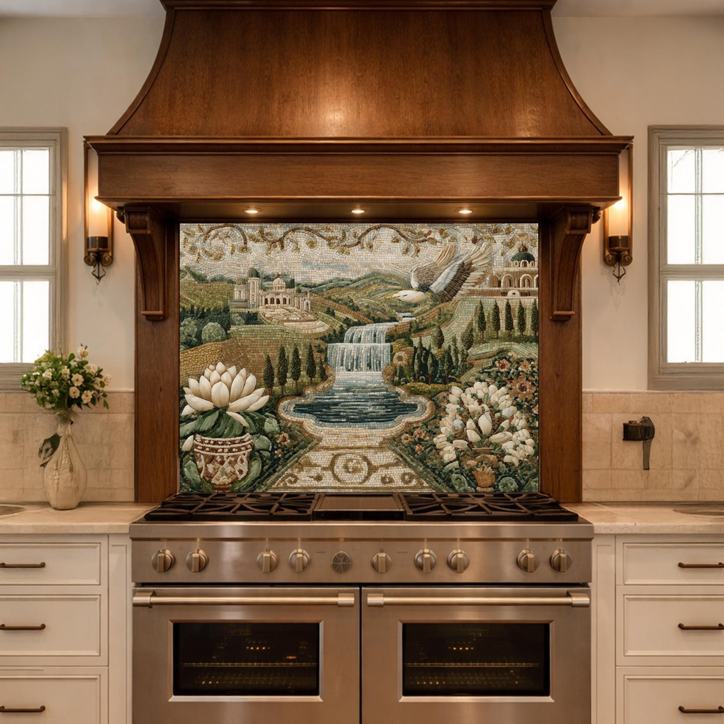 Mediterranean Mosaic Tempered Glass Backsplash, Waterfall Kitchen Decor, Villa Landscape Print
