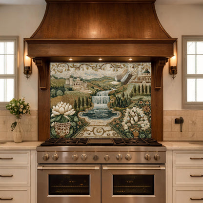 Mediterranean Mosaic Tempered Glass Backsplash, Waterfall Kitchen Decor, Villa Landscape Print