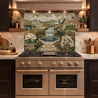 Mediterranean Mosaic Tempered Glass Backsplash, Waterfall Kitchen Decor, Villa Landscape Print