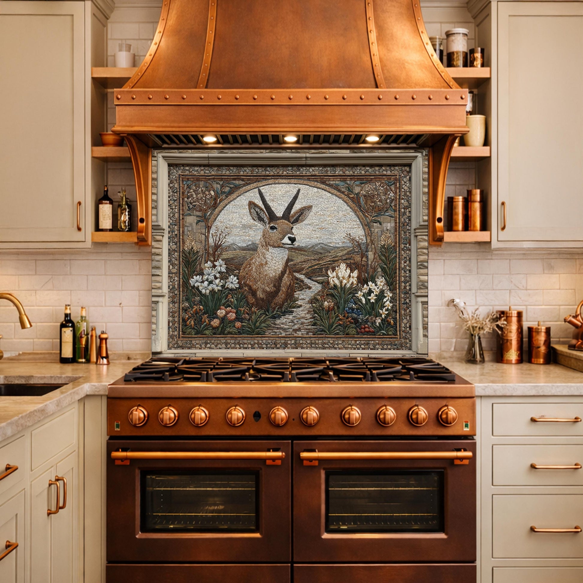 Deer Mosaic Tempered Glass Backsplash, Rustic Wildlife Kitchen Decor