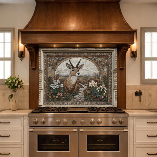 Deer Mosaic Tempered Glass Backsplash, Rustic Wildlife Kitchen Decor