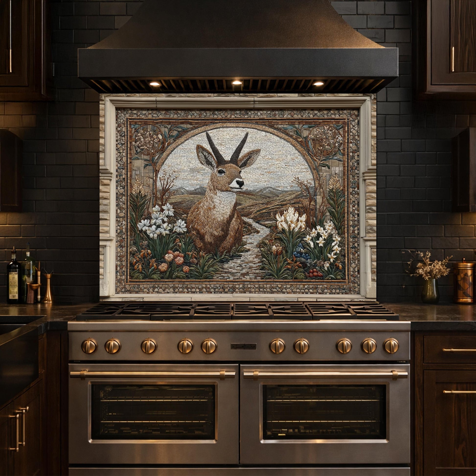 Deer Mosaic Tempered Glass Backsplash, Rustic Wildlife Kitchen Decor
