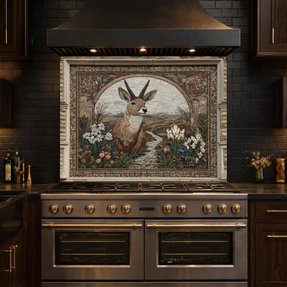 Deer Mosaic Tempered Glass Backsplash, Rustic Wildlife Kitchen Decor