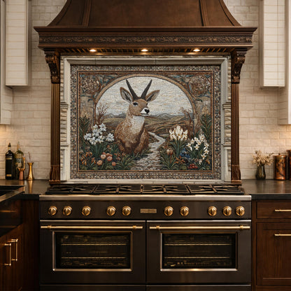 Deer Mosaic Tempered Glass Backsplash, Rustic Wildlife Kitchen Decor