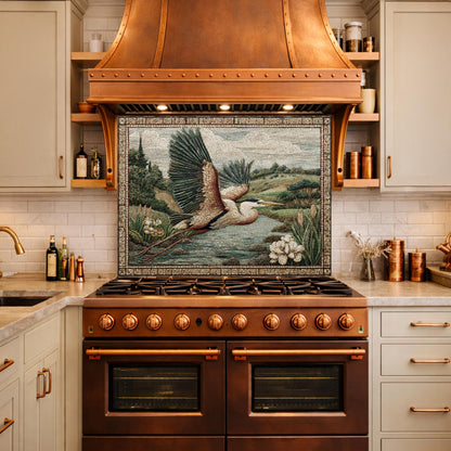 Heron Mosaic Tempered Glass Kitchen Backsplash, Wildlife Stove Decor