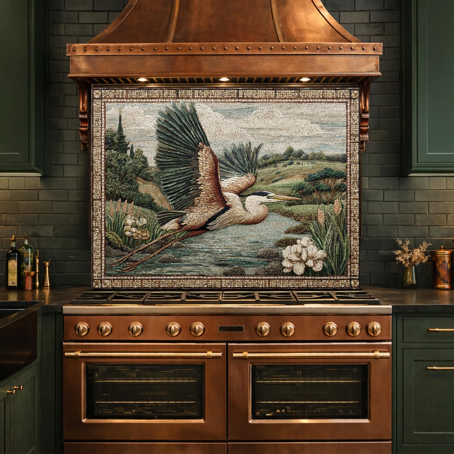 Heron Mosaic Tempered Glass Kitchen Backsplash, Wildlife Stove Decor