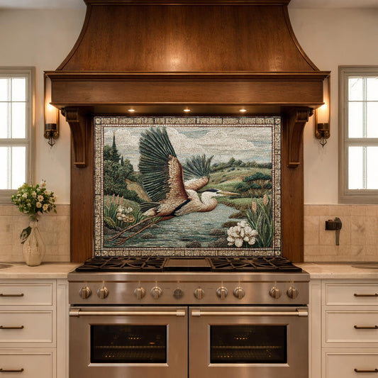 Heron Mosaic Tempered Glass Kitchen Backsplash, Wildlife Stove Decor