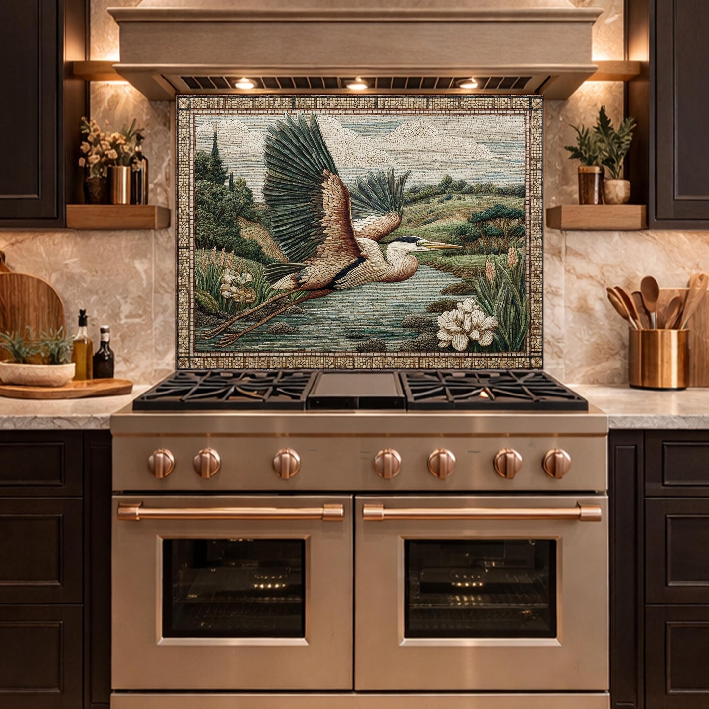 Heron Mosaic Tempered Glass Kitchen Backsplash, Wildlife Stove Decor