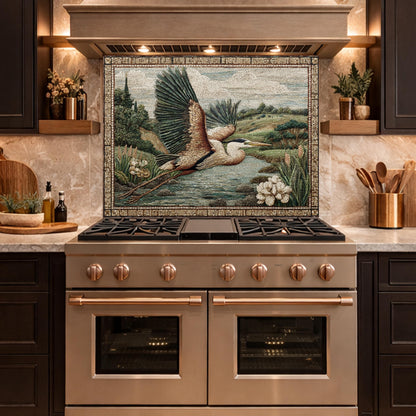 Heron Mosaic Tempered Glass Kitchen Backsplash, Wildlife Stove Decor