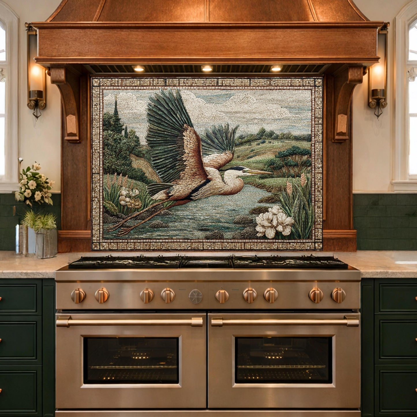 Heron Mosaic Tempered Glass Kitchen Backsplash, Wildlife Stove Decor