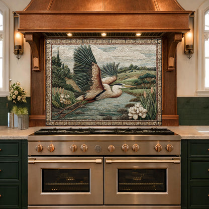 Heron Mosaic Tempered Glass Kitchen Backsplash, Wildlife Stove Decor