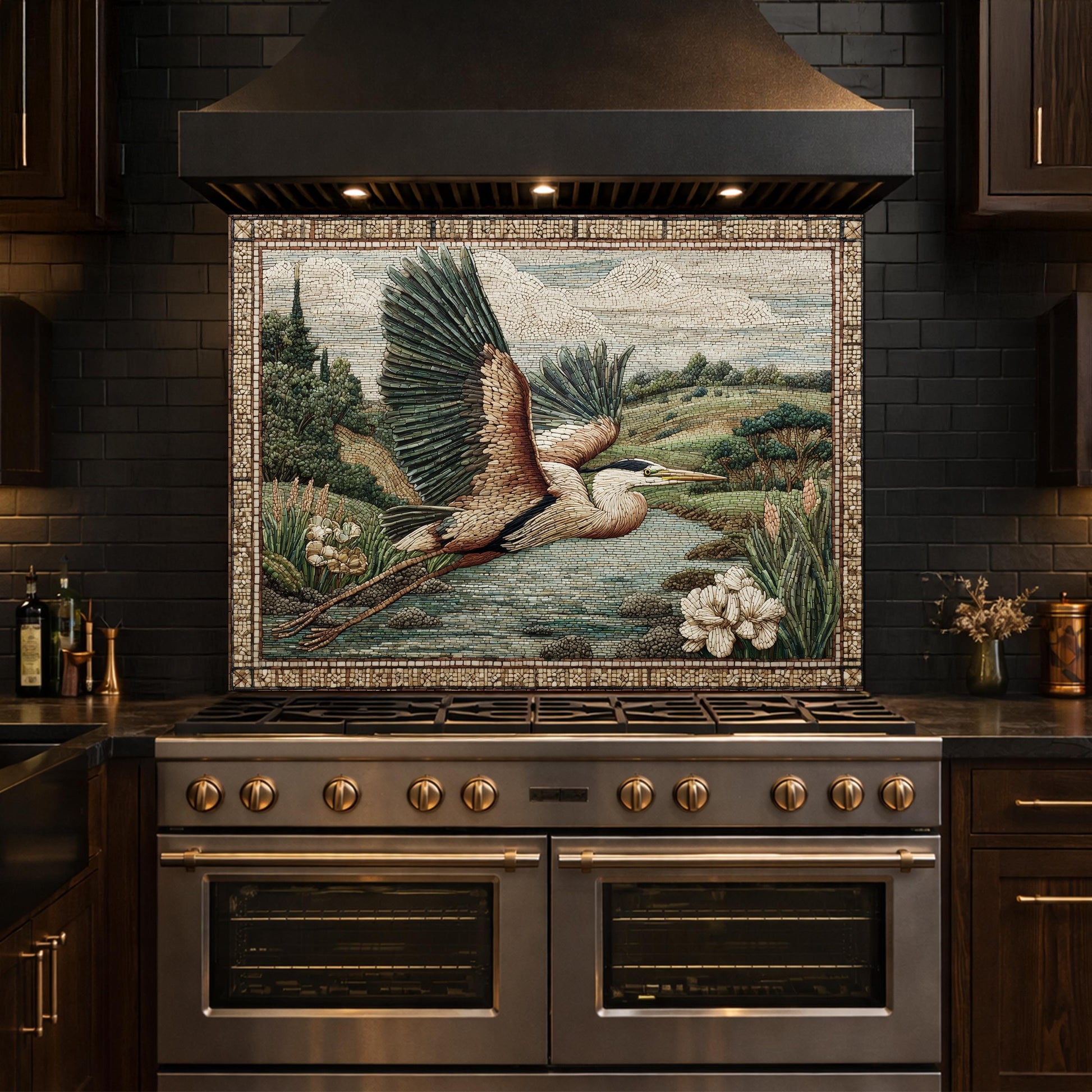 Heron Mosaic Tempered Glass Kitchen Backsplash, Wildlife Stove Decor