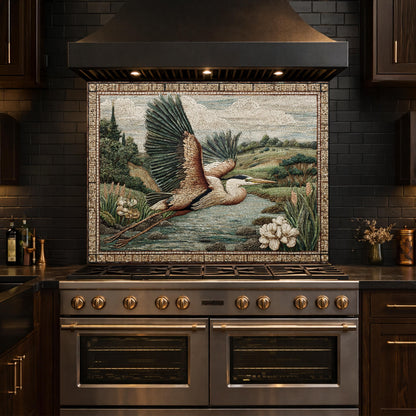 Heron Mosaic Tempered Glass Kitchen Backsplash, Wildlife Stove Decor