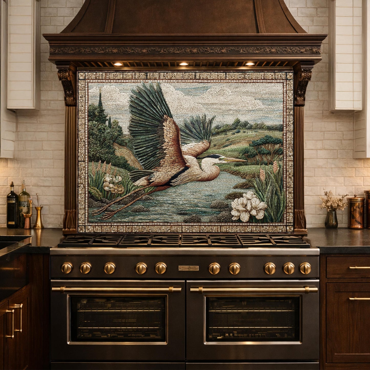 Heron Mosaic Tempered Glass Kitchen Backsplash, Wildlife Stove Decor