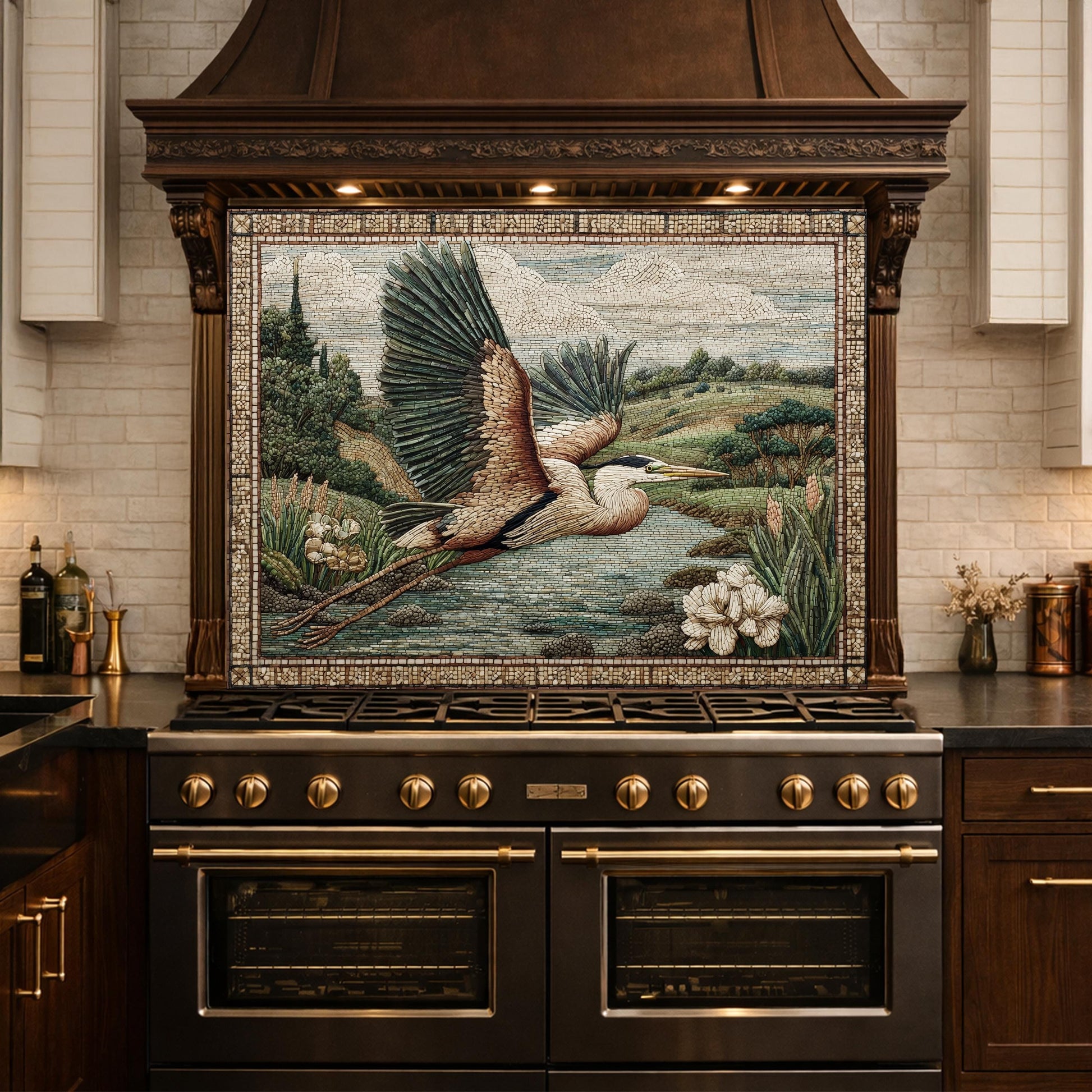 Heron Mosaic Tempered Glass Kitchen Backsplash, Wildlife Stove Decor