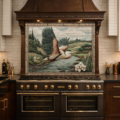 Heron Mosaic Tempered Glass Kitchen Backsplash, Wildlife Stove Decor