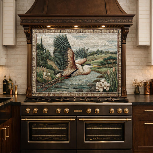 Heron Mosaic Tempered Glass Kitchen Backsplash, Wildlife Stove Decor