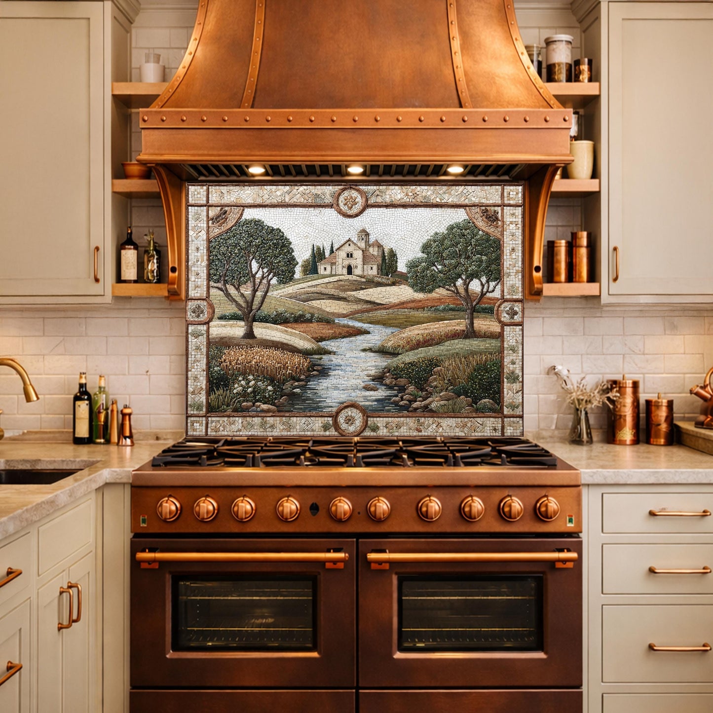 Tuscan Landscape Tempered Glass Kitchen Backsplash, Farmhouse Stove Decor