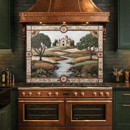 Tuscan Landscape Tempered Glass Kitchen Backsplash, Farmhouse Stove Decor