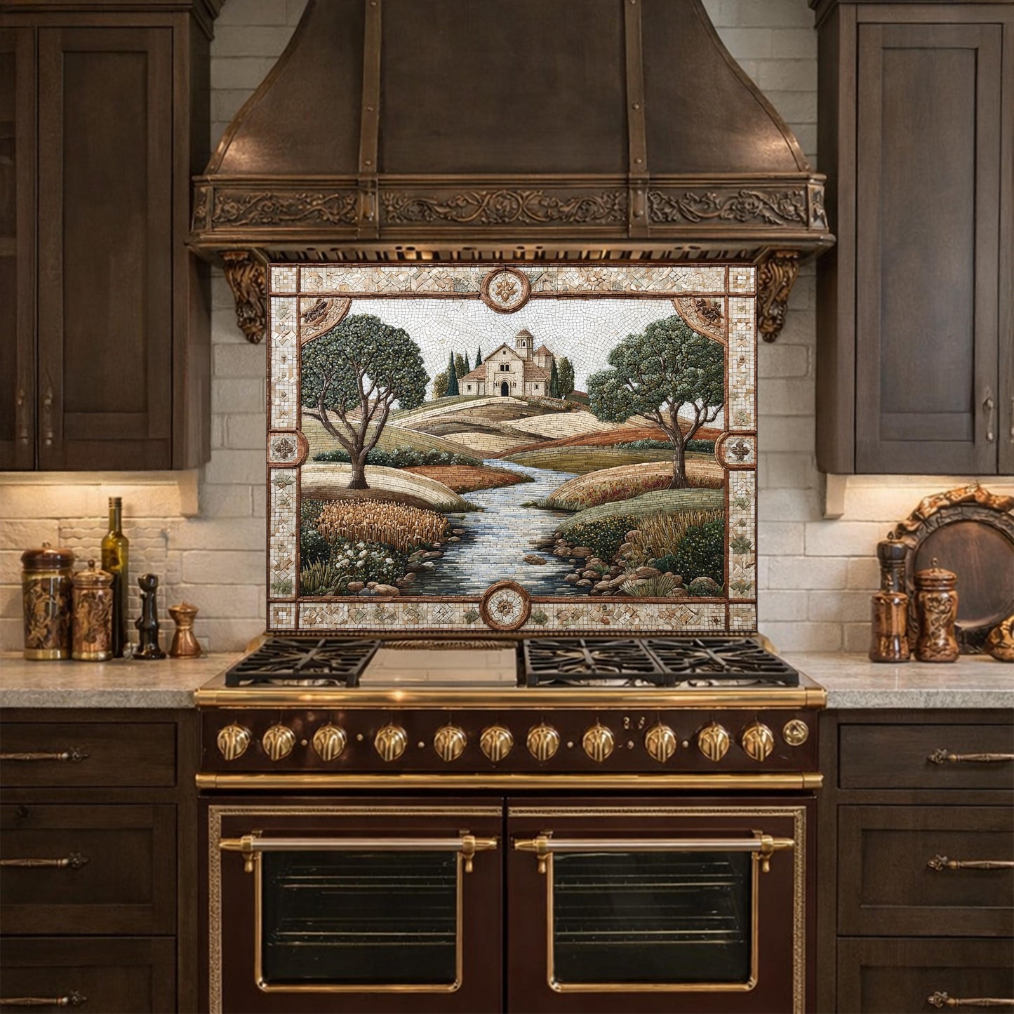Tuscan Landscape Tempered Glass Kitchen Backsplash, Farmhouse Stove Decor