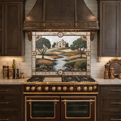 Tuscan Landscape Tempered Glass Kitchen Backsplash, Farmhouse Stove Decor