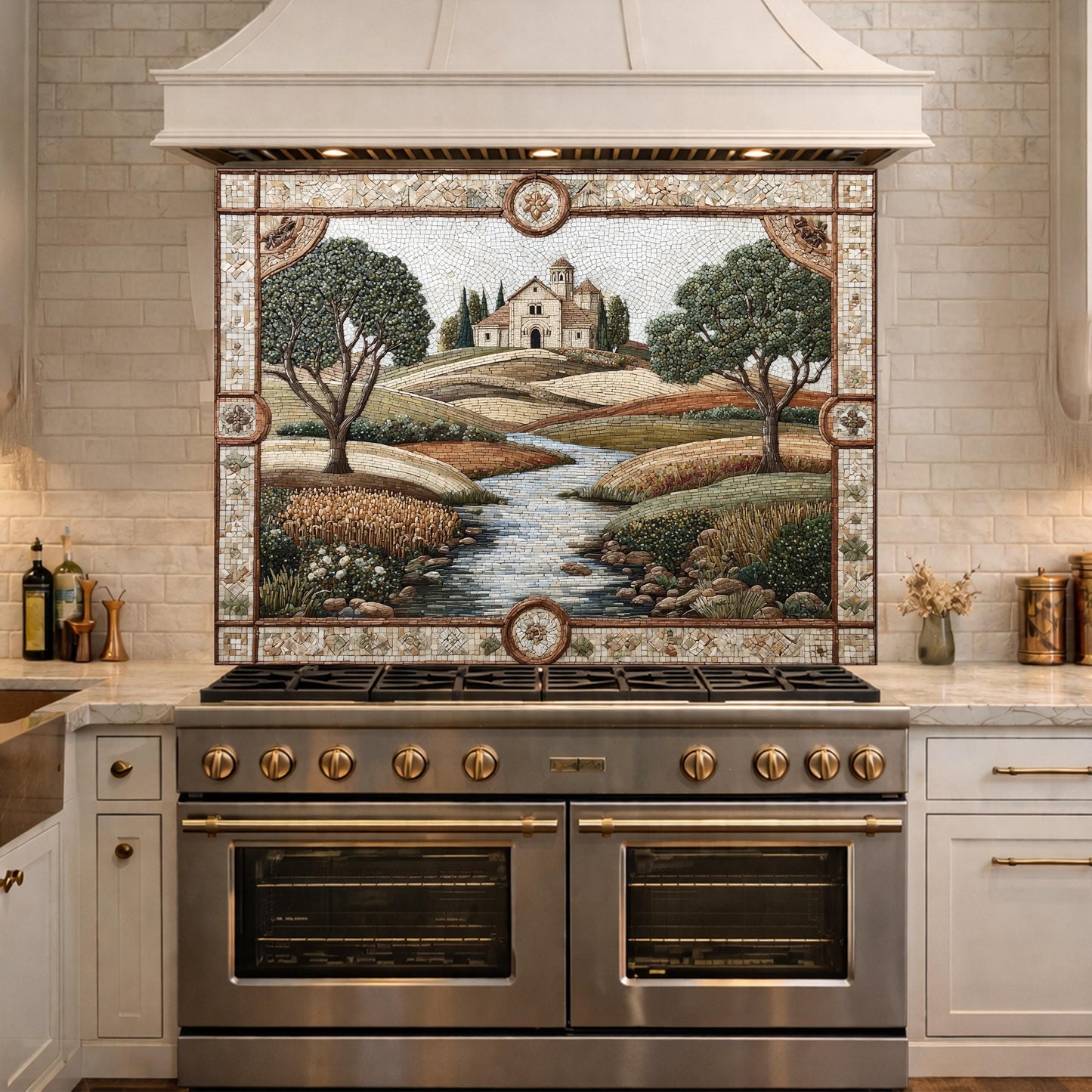 Tuscan Landscape Tempered Glass Kitchen Backsplash, Farmhouse Stove Decor