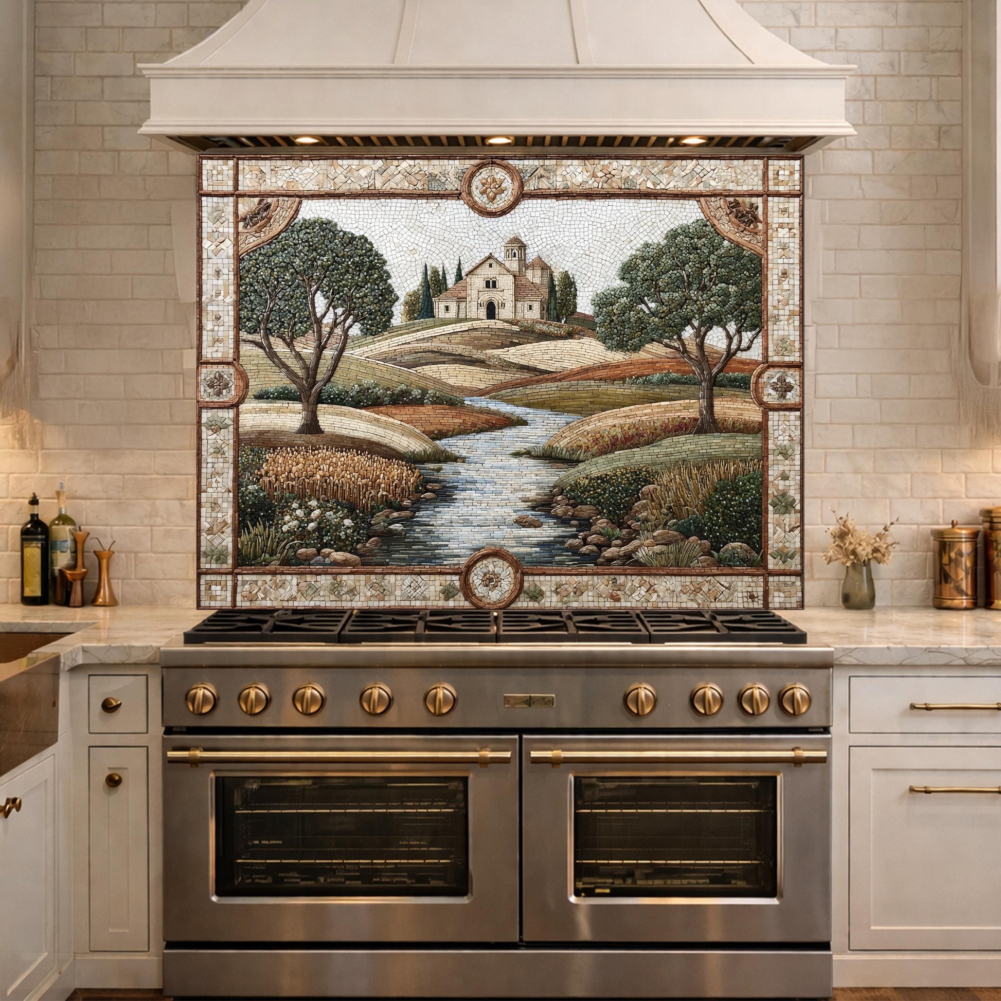 Tuscan Landscape Tempered Glass Kitchen Backsplash, Farmhouse Stove Decor