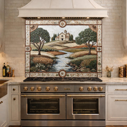 Tuscan Landscape Tempered Glass Kitchen Backsplash, Farmhouse Stove Decor