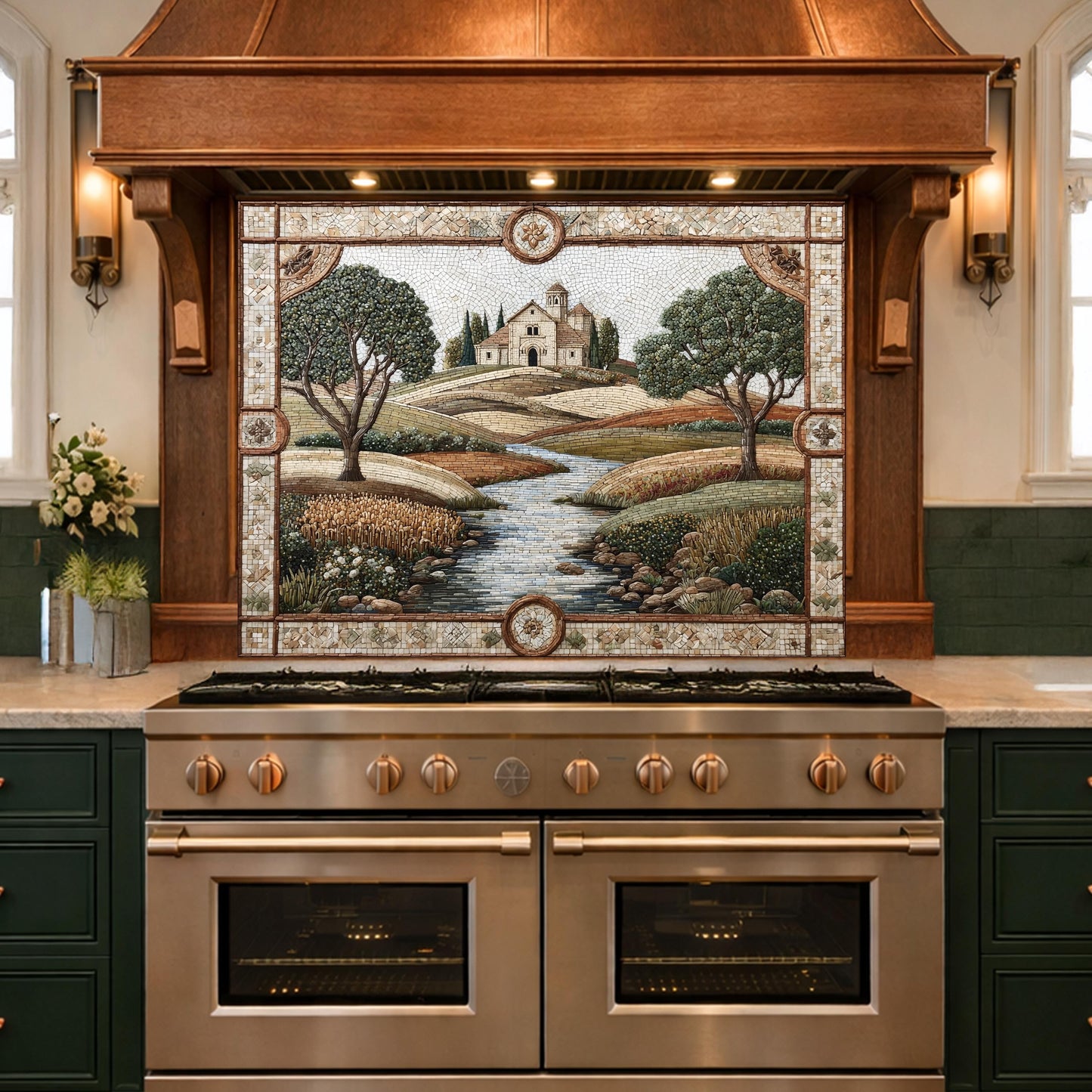 Tuscan Landscape Tempered Glass Kitchen Backsplash, Farmhouse Stove Decor
