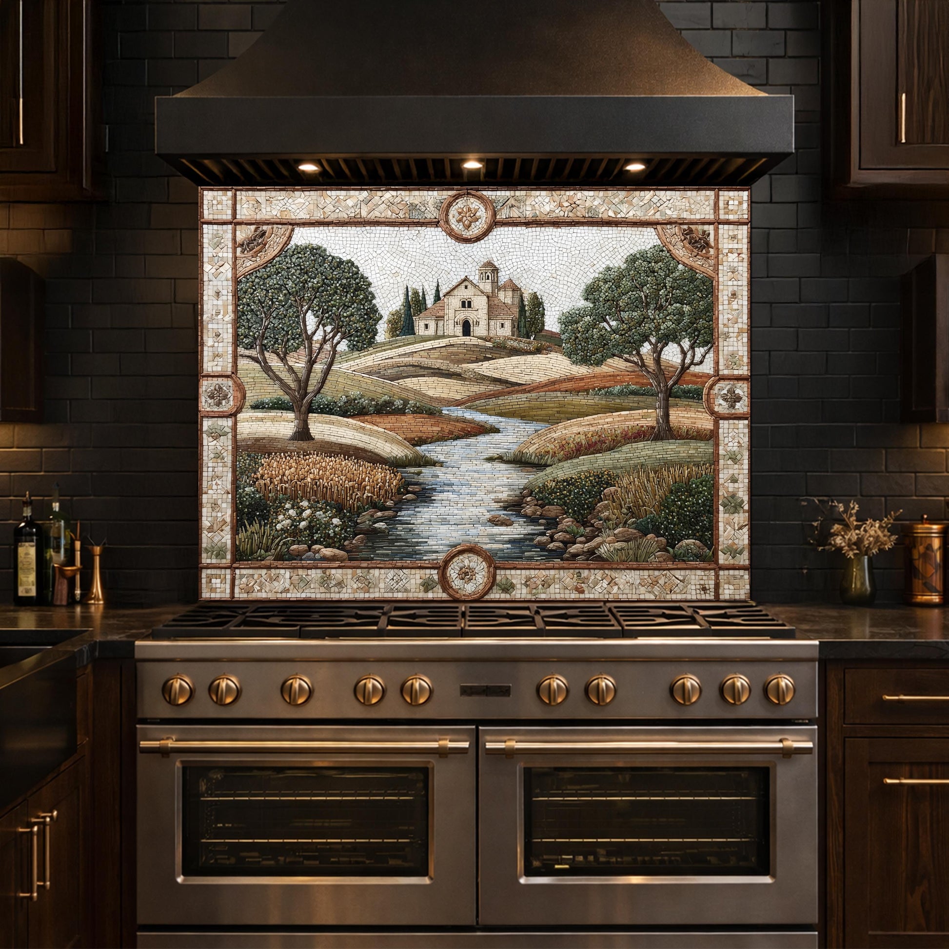 Tuscan Landscape Tempered Glass Kitchen Backsplash, Farmhouse Stove Decor