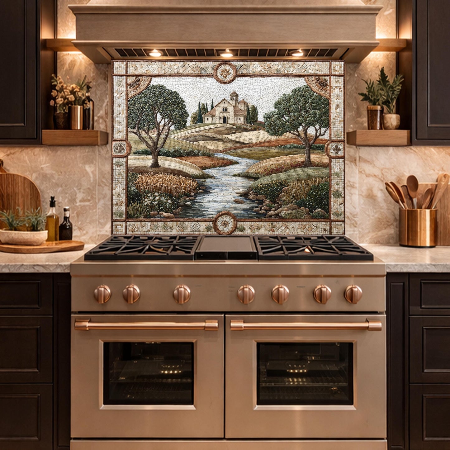 Tuscan Landscape Tempered Glass Kitchen Backsplash, Farmhouse Stove Decor