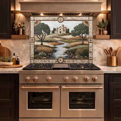 Tuscan Landscape Tempered Glass Kitchen Backsplash, Farmhouse Stove Decor