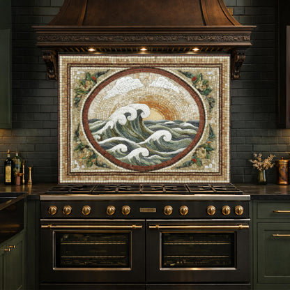 Ocean Wave Tempered Glass Backsplash, Coastal Mosaic Kitchen Stove Panel
