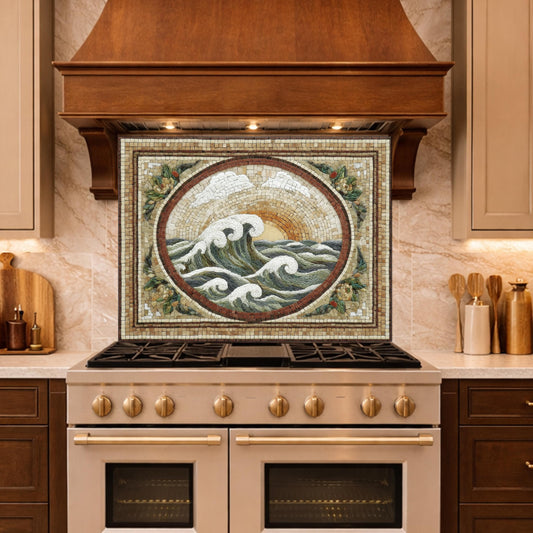 Ocean Wave Tempered Glass Backsplash, Coastal Mosaic Kitchen Stove Panel