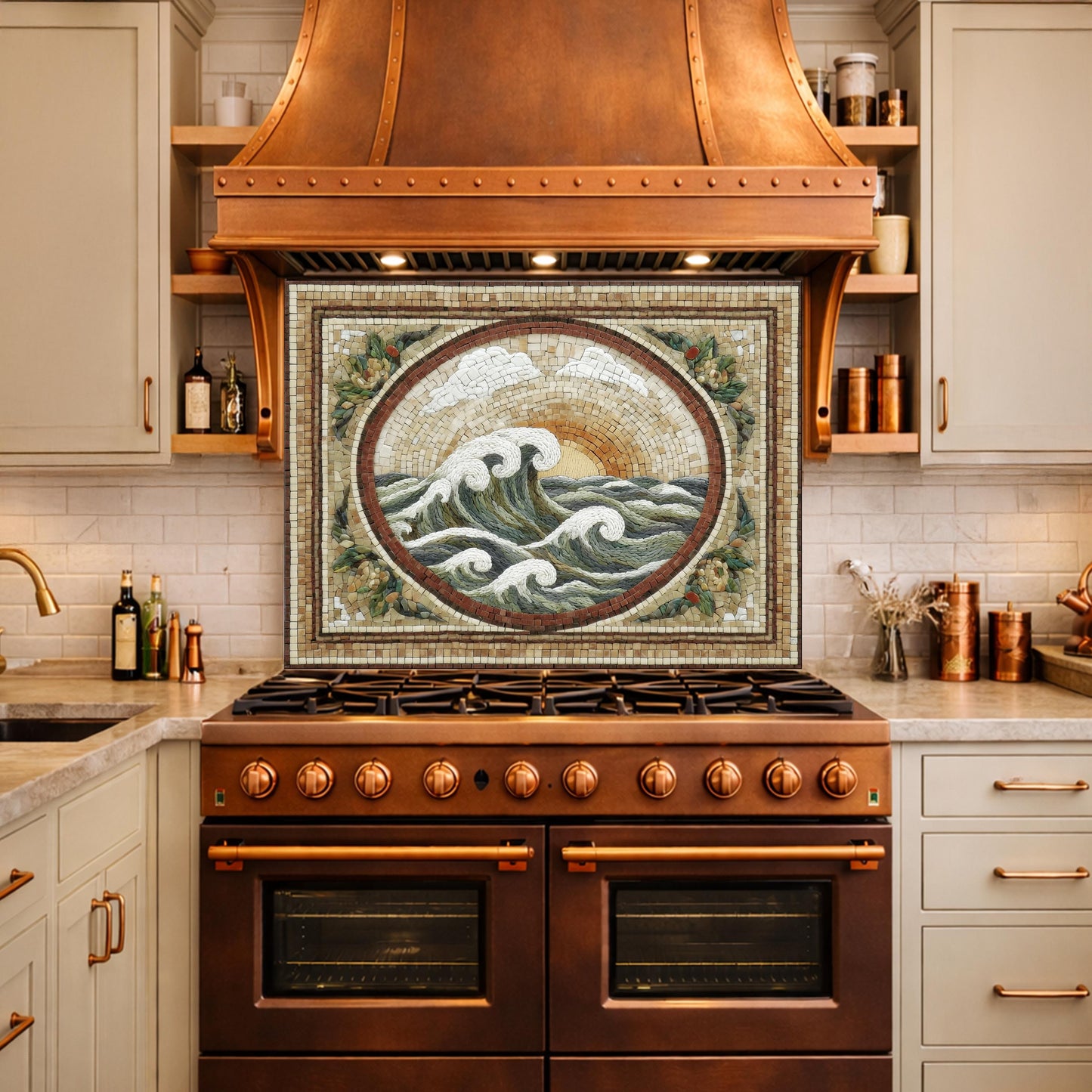 Ocean Wave Tempered Glass Backsplash, Coastal Mosaic Kitchen Stove Panel