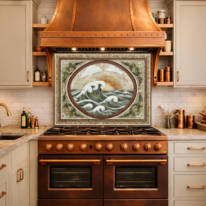 Ocean Wave Tempered Glass Backsplash, Coastal Mosaic Kitchen Stove Panel