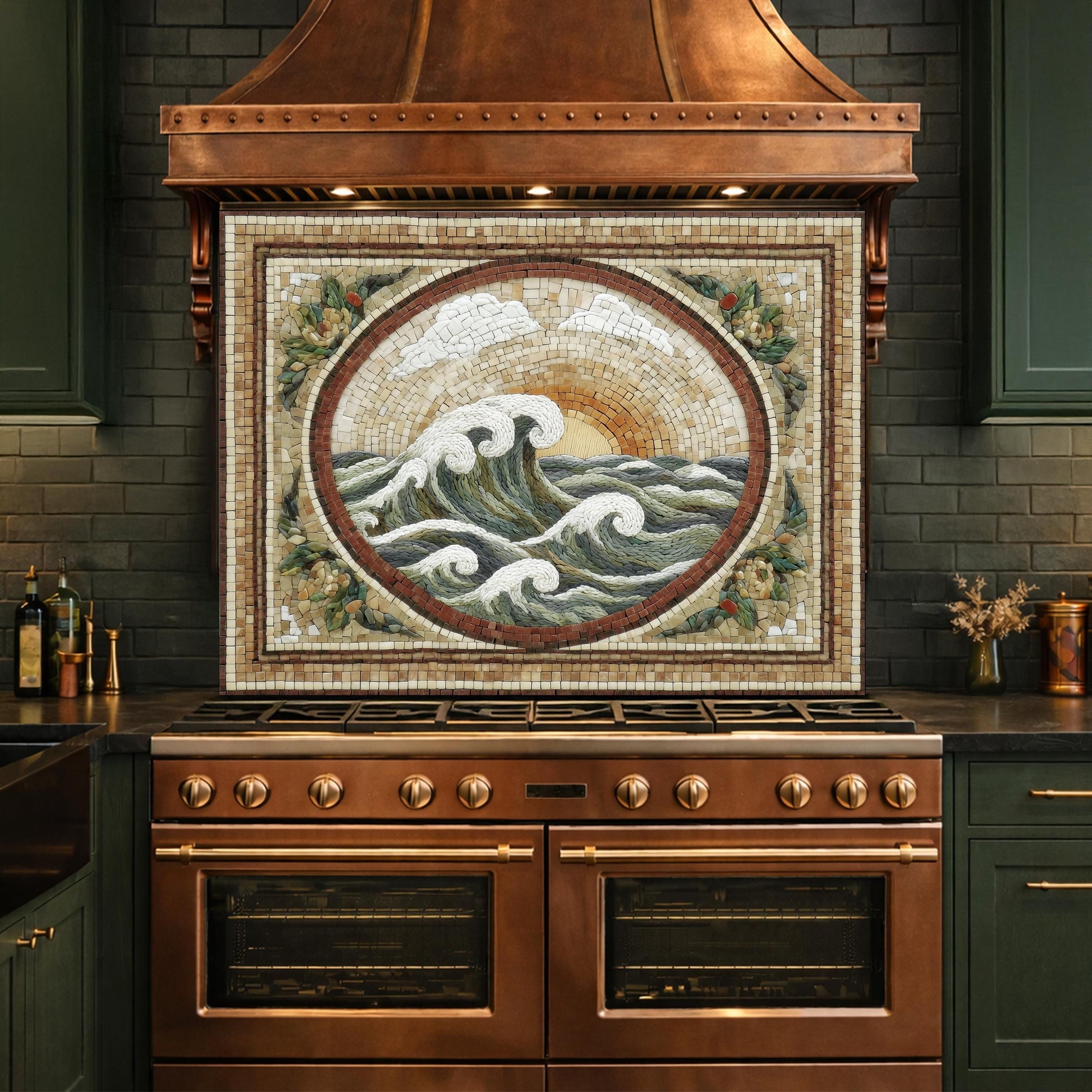 Ocean Wave Tempered Glass Backsplash, Coastal Mosaic Kitchen Stove Panel