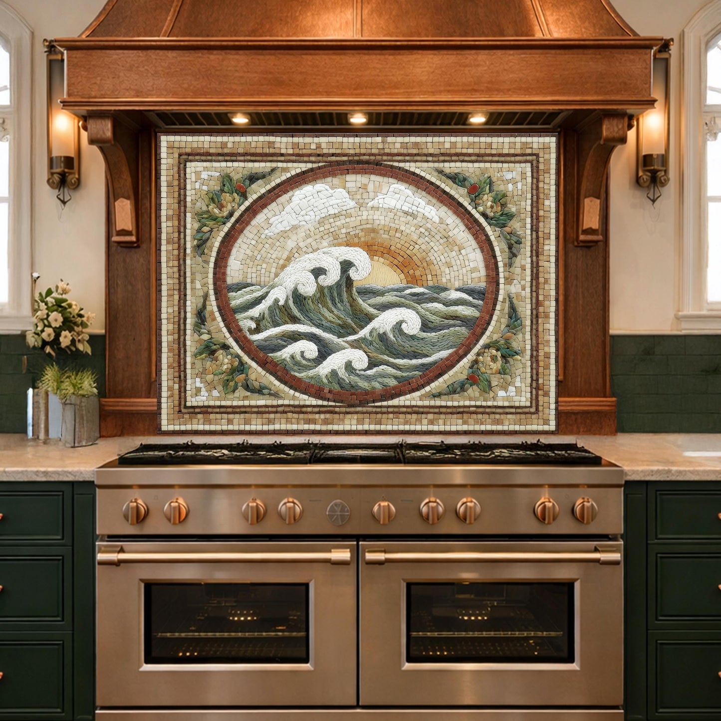 Ocean Wave Tempered Glass Backsplash, Coastal Mosaic Kitchen Stove Panel