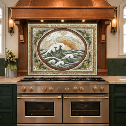 Ocean Wave Tempered Glass Backsplash, Coastal Mosaic Kitchen Stove Panel
